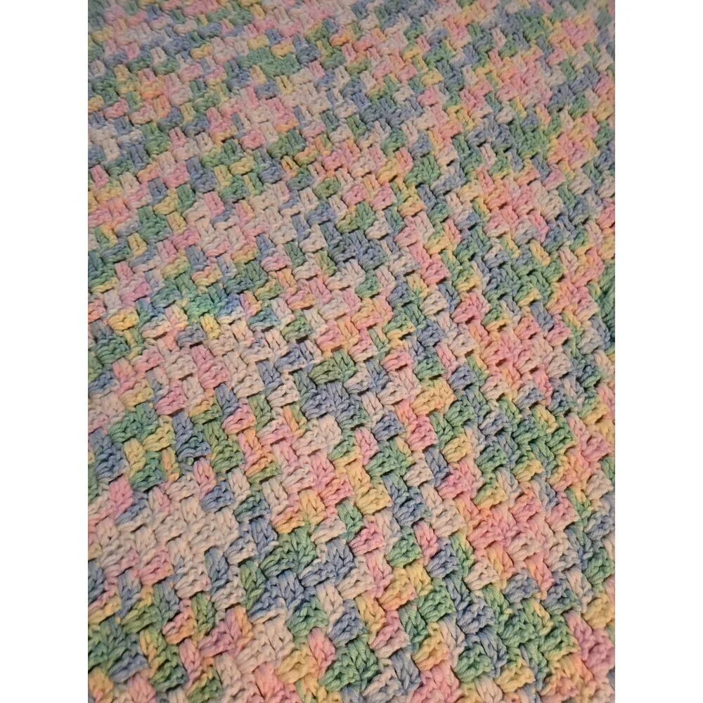 Vintage Handmade Spring Pastel Pink Blue Crochet Throw Blanket